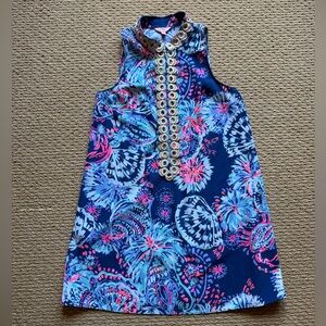 Lilly Pulitzer Jane Shift Dress Deep Indigo Gypsea Girl Gold Lace Detail size 10